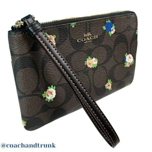 COACH Wristlet Dark Brown Classic C with Vintage Mini Rose Print Gold Accents - Picture 3 of 8